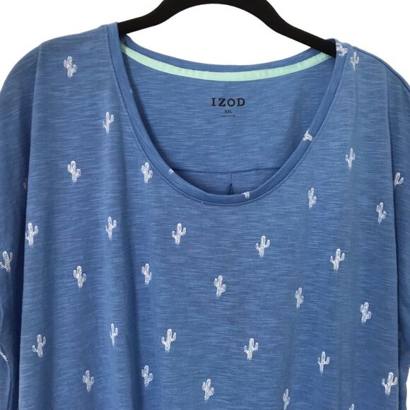 Izod Womens Top XXL Blue Cactus Printed Tee T-Shirt Cap Sleeve Twist Hem Tunic - Picture 6 of 13